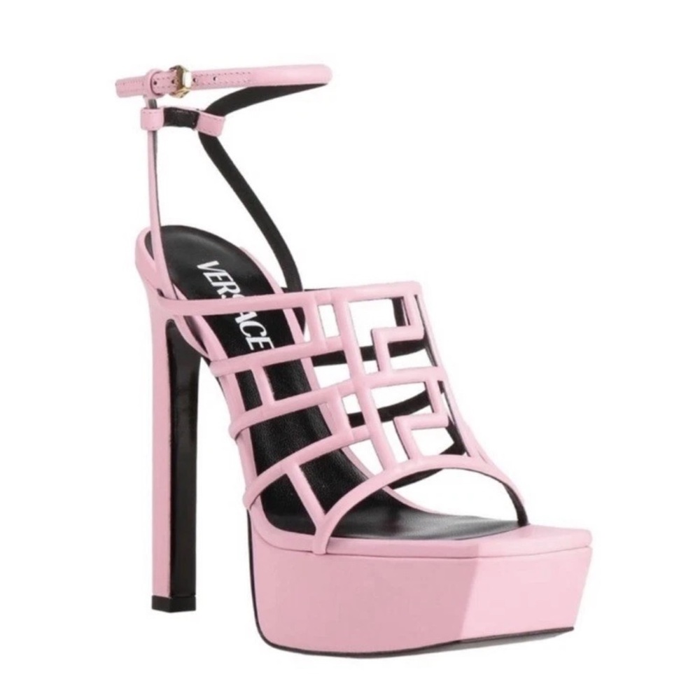 New! VERSACE Logo Greca Maze Caged Platform Heeled Sandals Heels in Pink